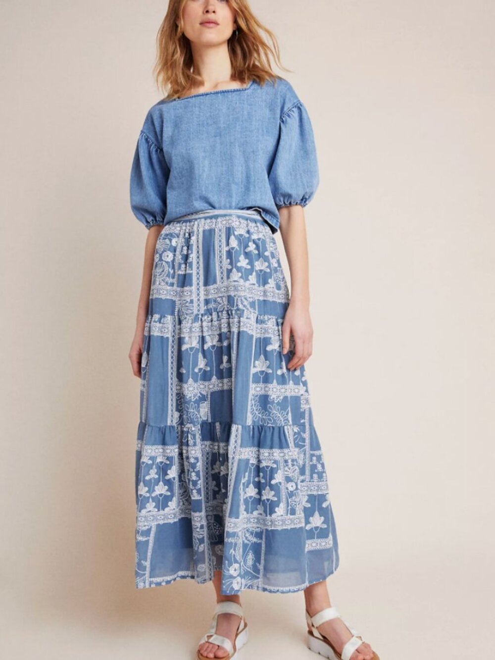 Maeve Anthropologie Ariadne Blue Embroidered Maxi Skirt Size S